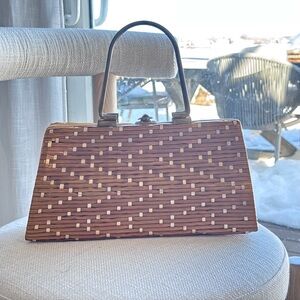 Vintage 1960s Woven Wood Basket Handbag – Structured Top Handle Statement Purse